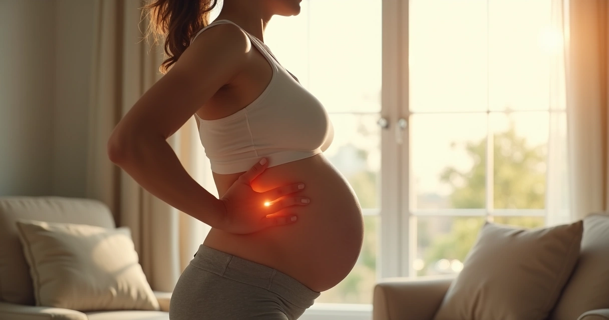Mulher grávida fazendo alongamento para aliviar dores nas costas 