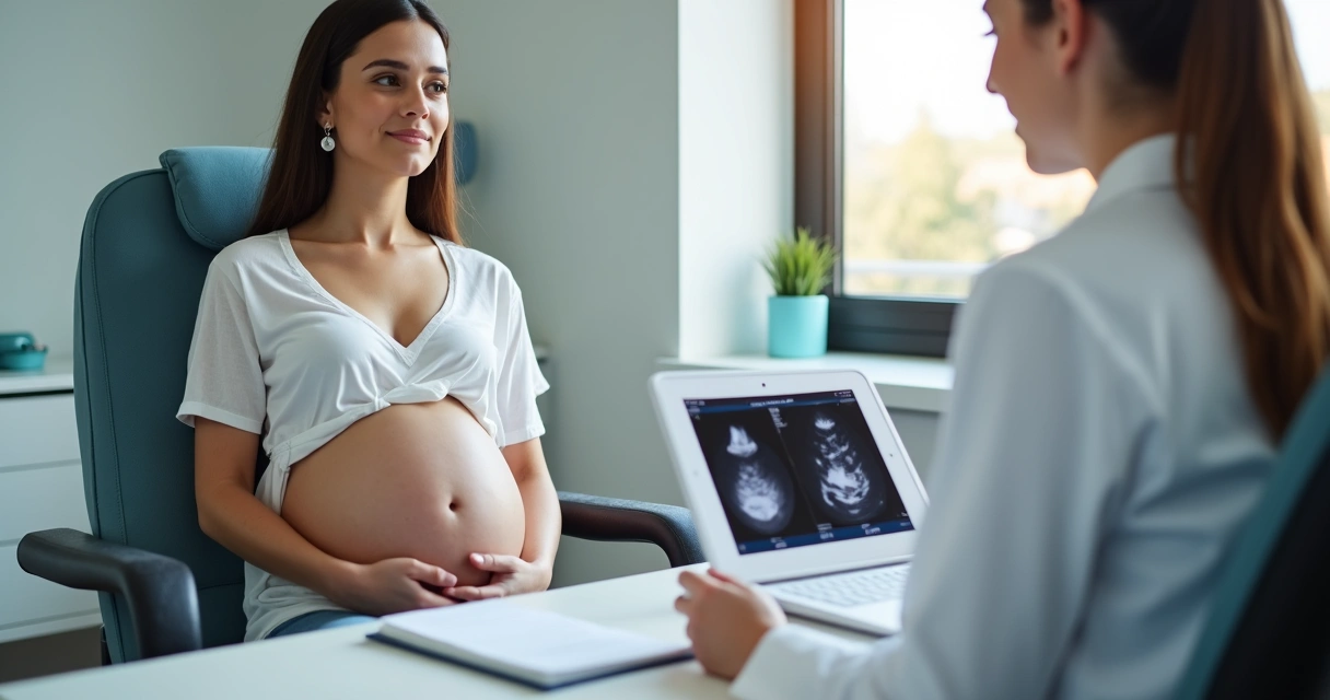 Gestante recebendo orientação médica durante consulta. 