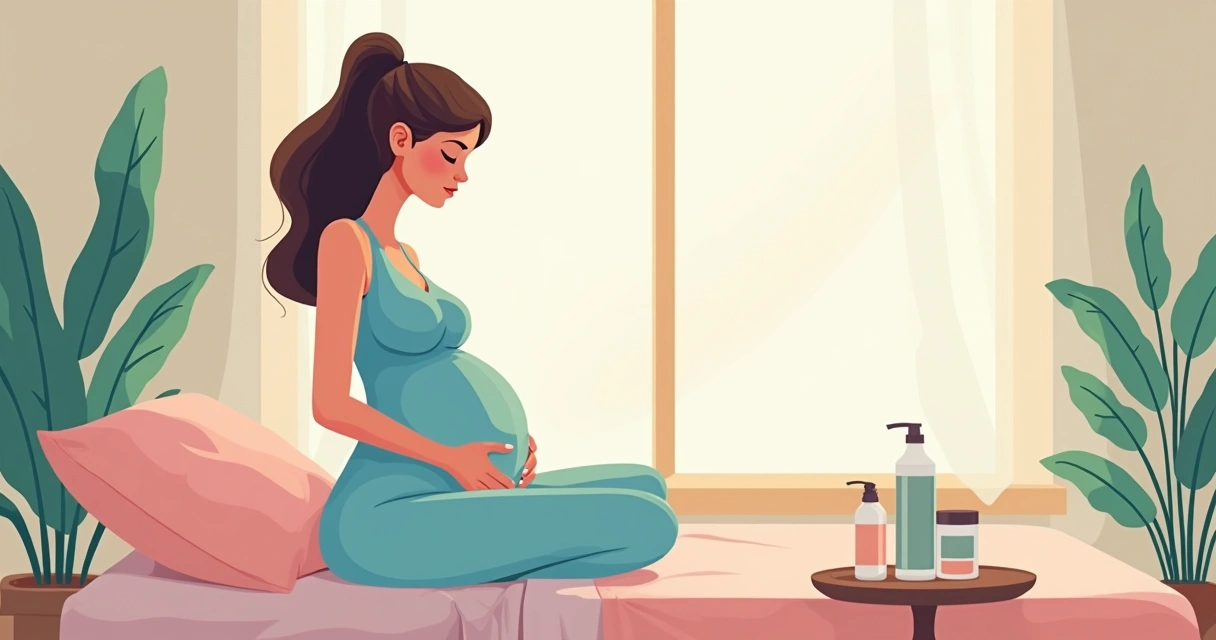 Mulher grávida tocando delicadamente a barriga, cuidando da pele em casa. 