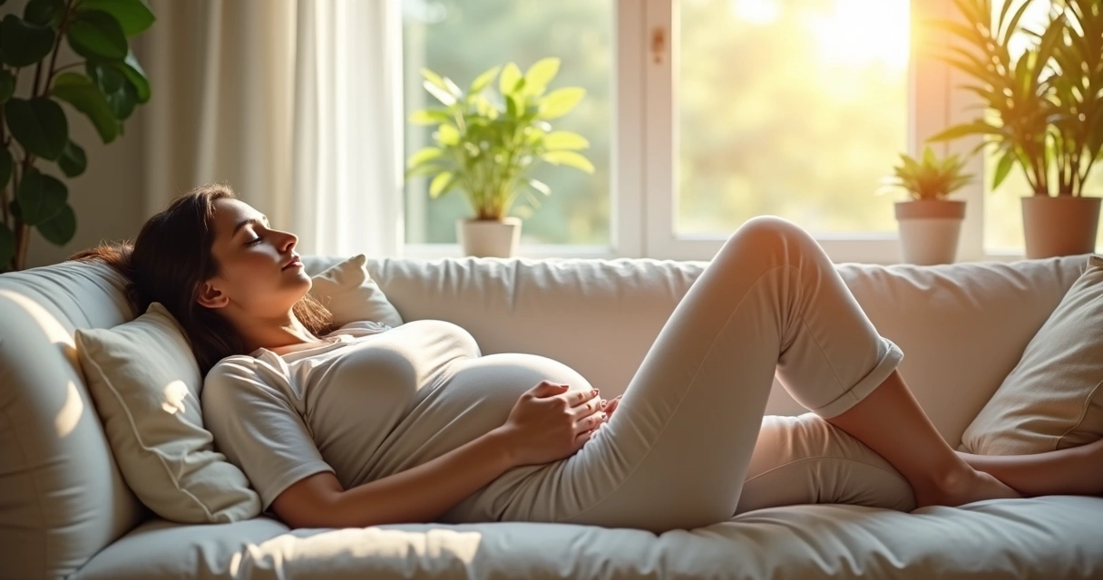 Mulher grávida elevando as pernas enquanto descansa em sala iluminada 