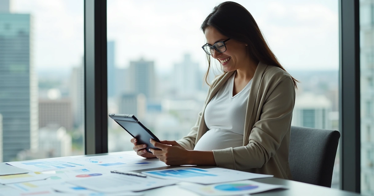 Gestante analisando opções de planos de saúde em um tablet 