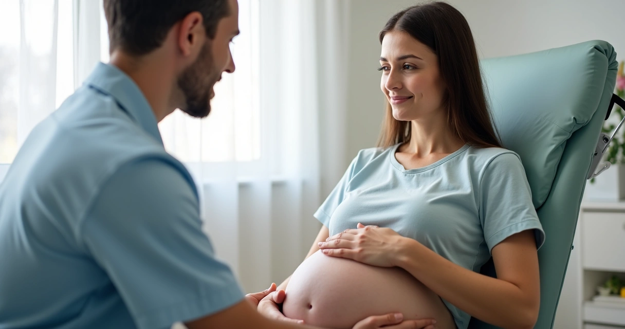 Gestante sendo examinada por médico durante consulta pré-natal 