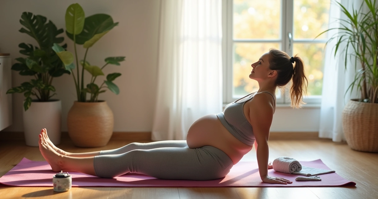Mulher grávida, sorrindo, fazendo exercícios leves em um tapete colorido 