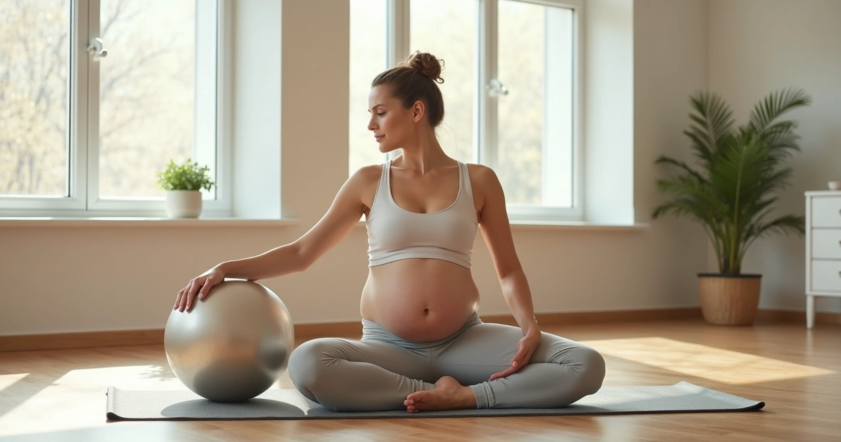 Grávida faz alongamento com bola de pilates em sala arejada 