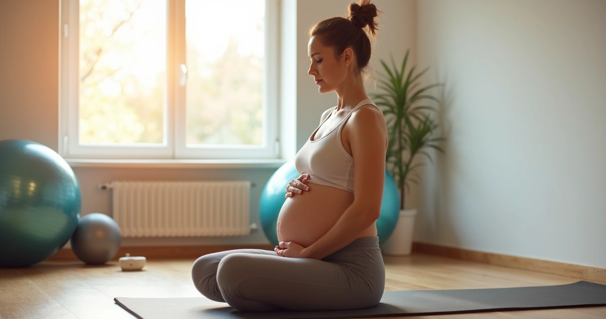 Gestante praticando pilates em sala iluminada 