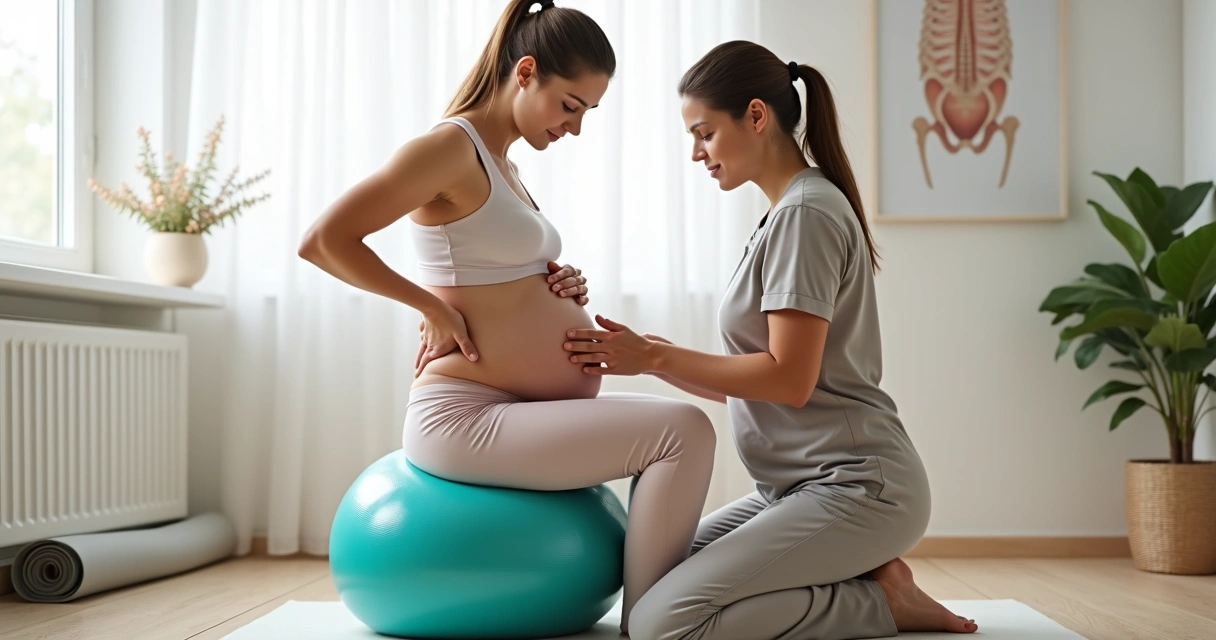 Gestante em fisioterapia pélvica usando bola de exercícios com apoio da profissional de saúde 