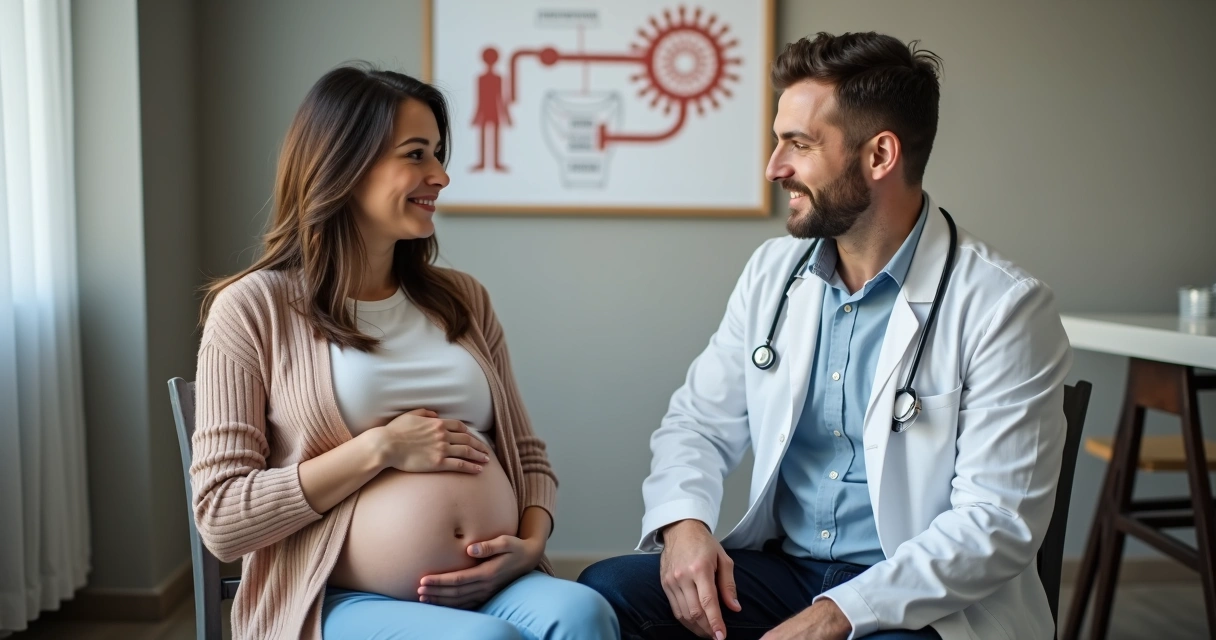 Médico conversando com gestante sobre herpes, em consultório tranquilo