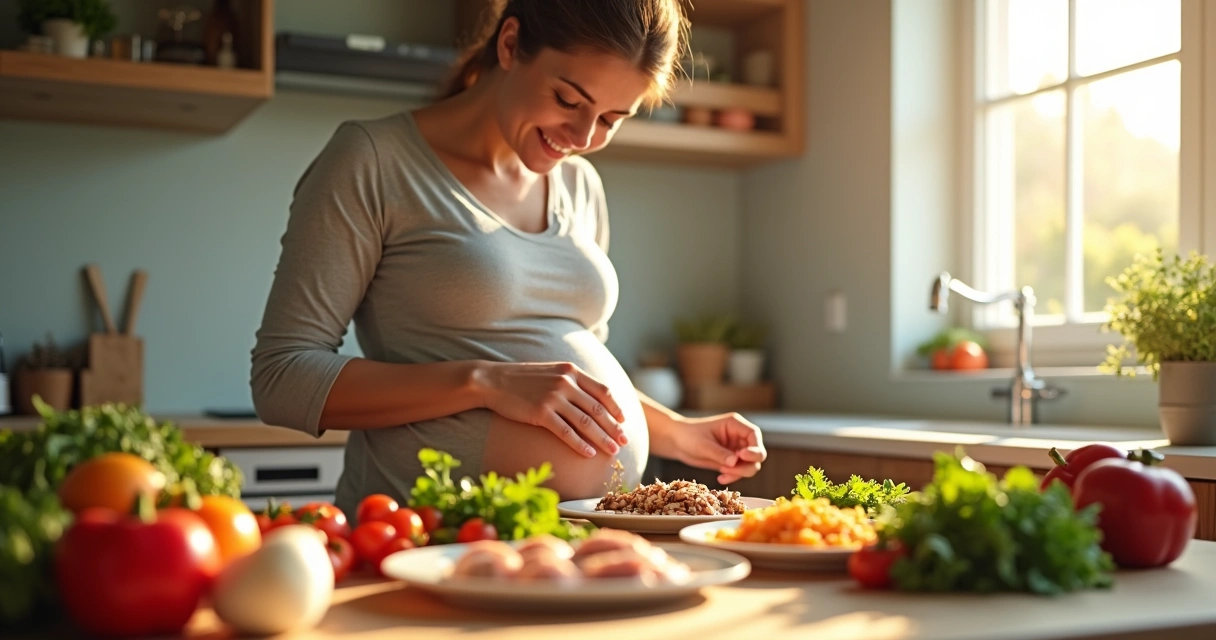 Grávida preparando uma refeição saudável na cozinha 