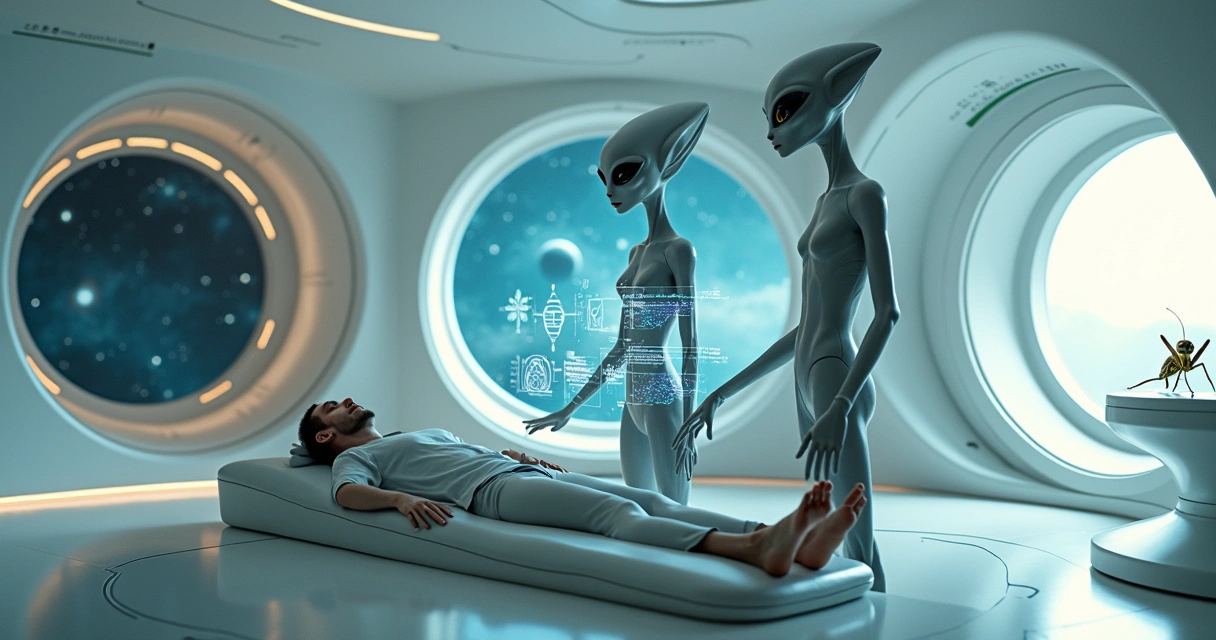 Gray and mantis extraterrestrials collaborating in a luminous contact scene 