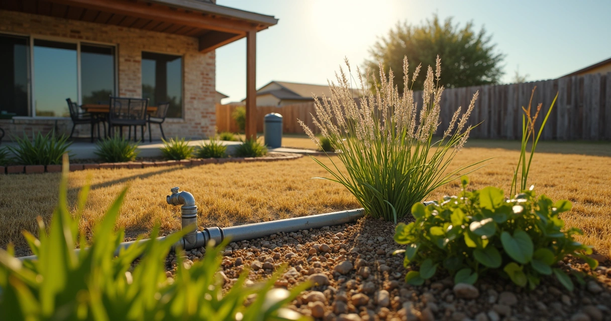 Graywater system with pipes irrigating dry Texas yard 