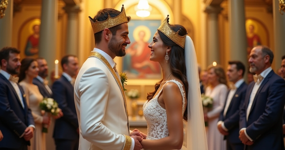 Greek wedding with crowns on bride and groom 