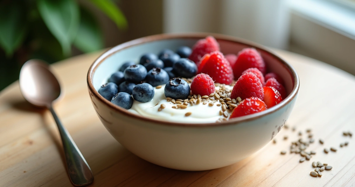 Bowl of Greek yogurt topped with mixed berries and seeds 