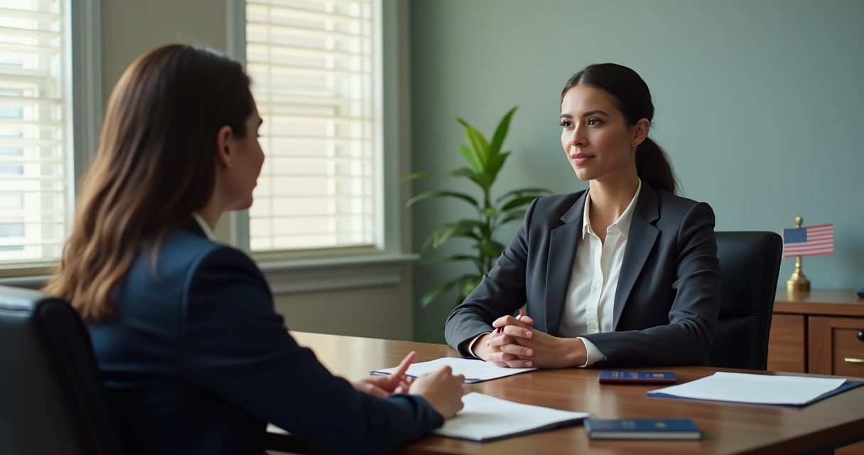 Applicant in a U.S. immigration interview room 