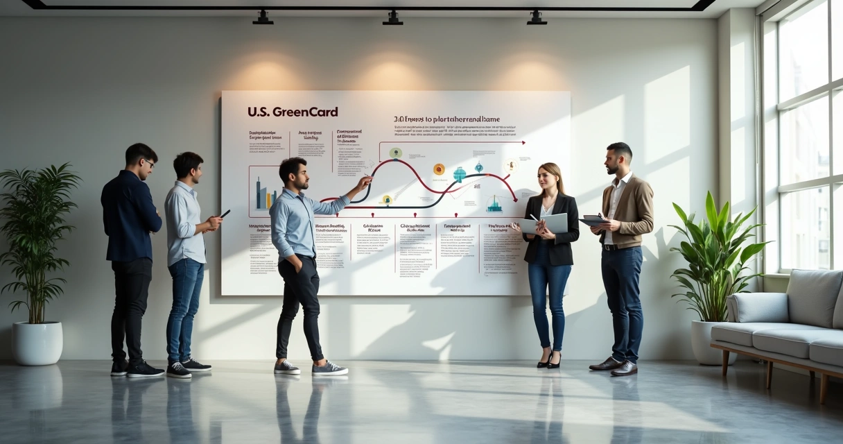 Diverse people studying a U.S. green card roadmap wall infographic 