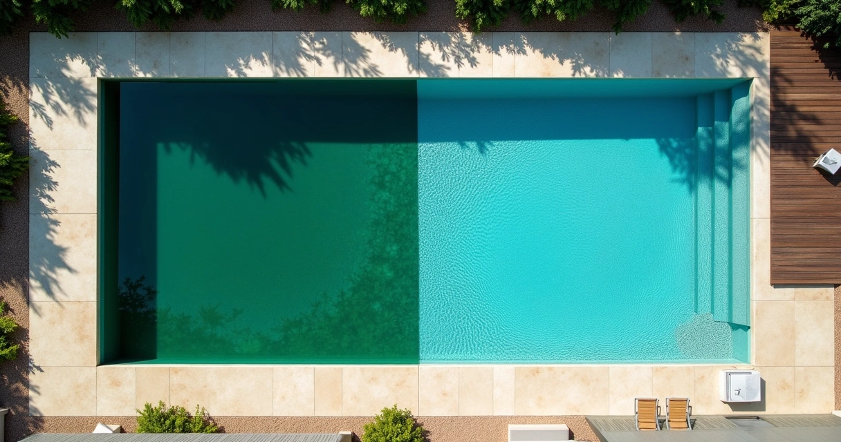 Aerial view of half-green half-clear backyard pool for algae comparison 