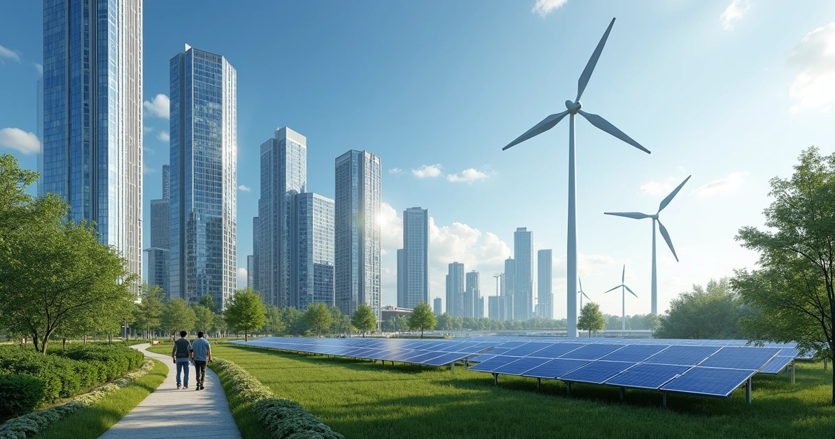 Solar panels and wind turbines near city buildings