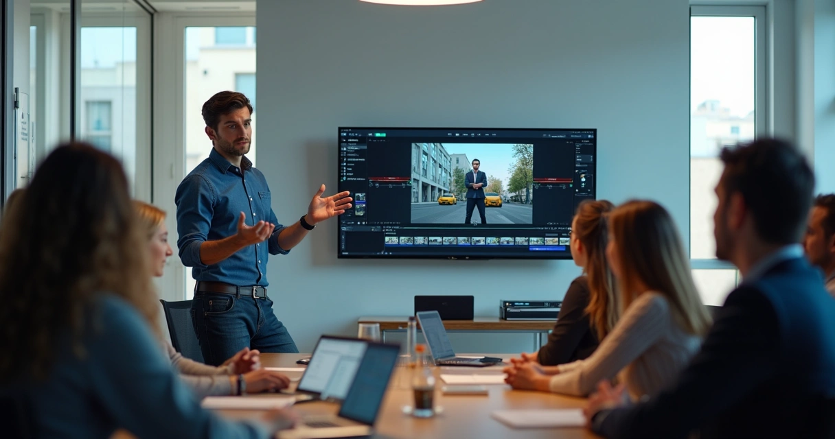Educador demonstrando edição de vídeo com IA em ambiente de escritório moderno 