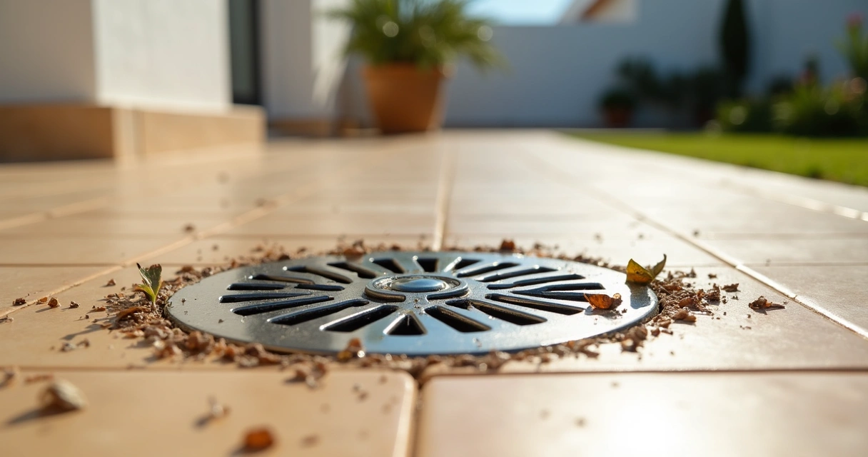 Ralo externo com grelha metálica instalada num pátio de casa 