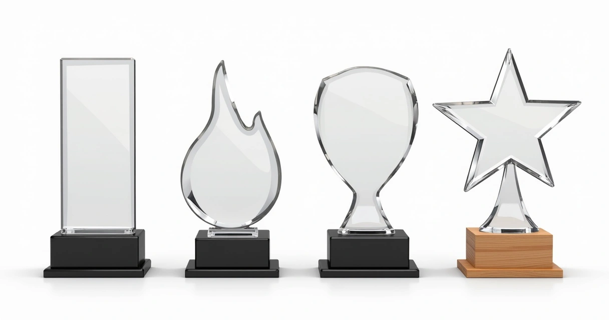 Quatro modelos diferentes de troféus de acrílico vistos de frente 