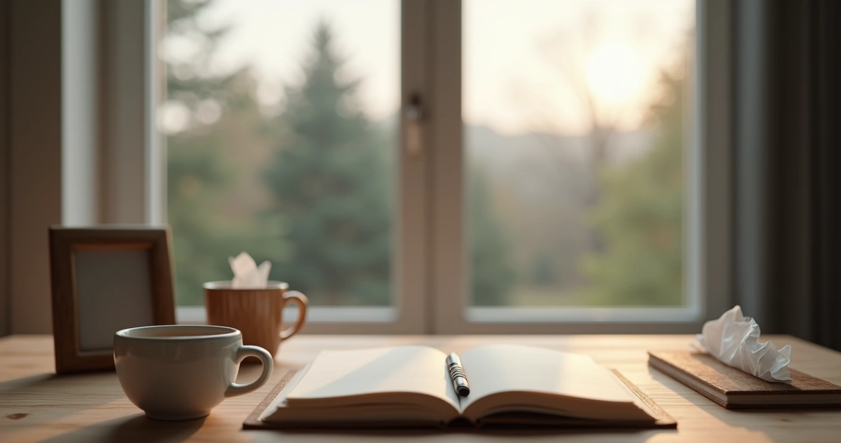 Journal and tea by a window during a quiet grief reflection