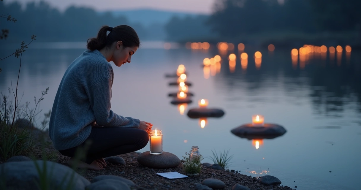 Person placing candle at riverbank during quiet grief ritual at dusk 