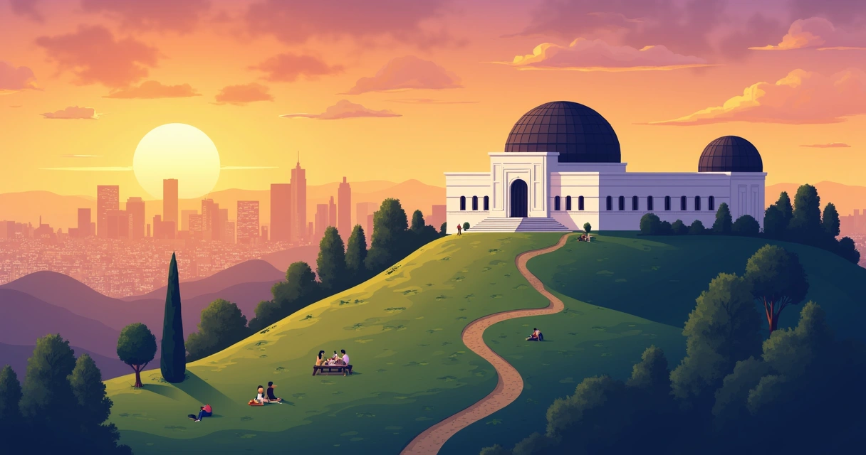 Vista panorâmica do Observatório Griffith e parque ao entardecer 