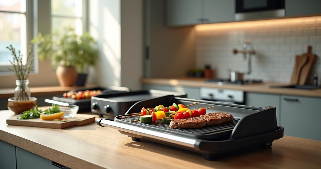 Grill elétrico preparando legumes em cozinha pequena e moderna 