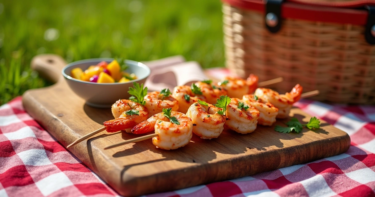 Grilled shrimp skewers and mango salsa on wooden picnic platter outdoors