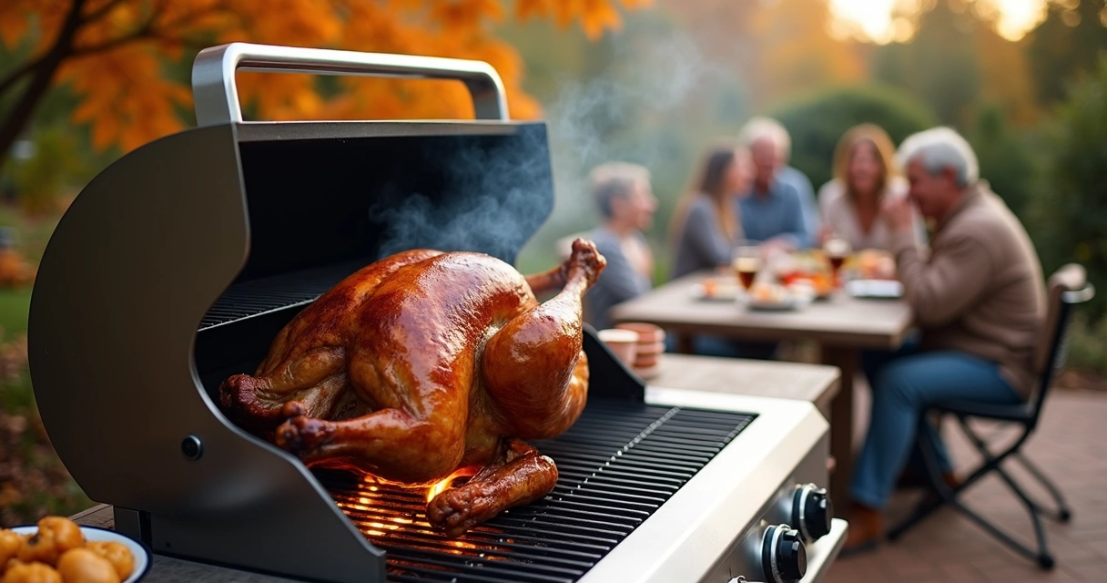Turkey grilling outdoors over open flames with family gathered in the background