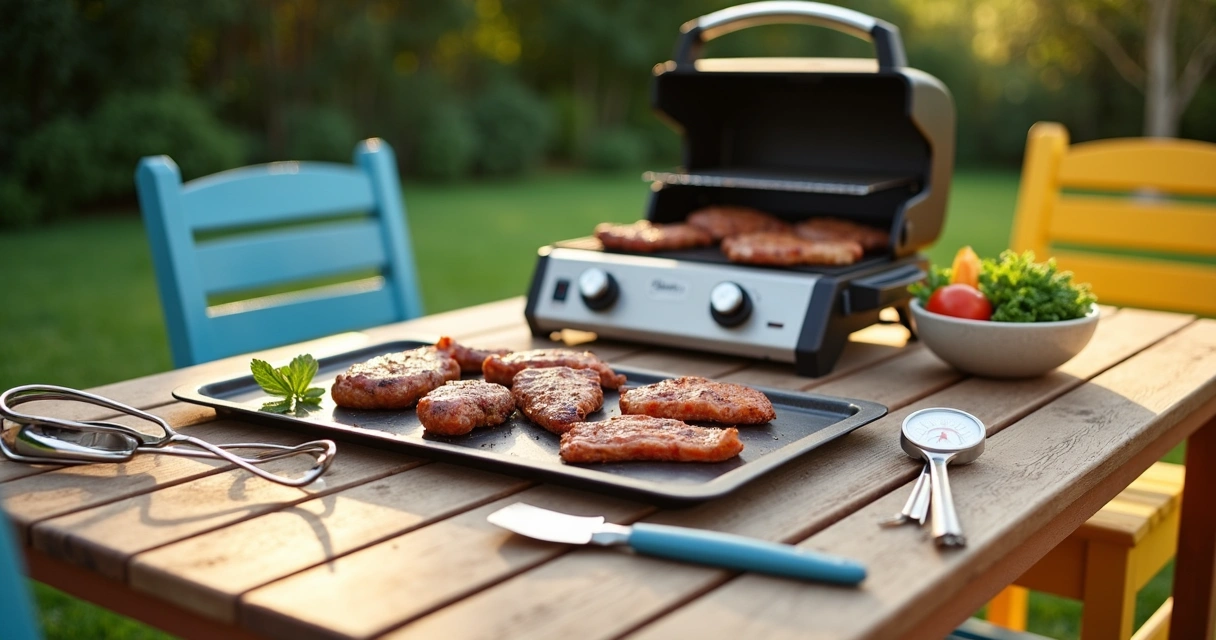 Selection of grilling tools on outdoor table