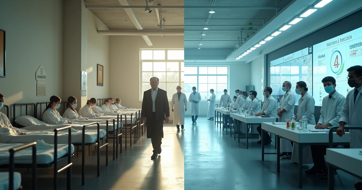 Comparação entre hospital antigo e sistema de saúde moderno após pandemia 