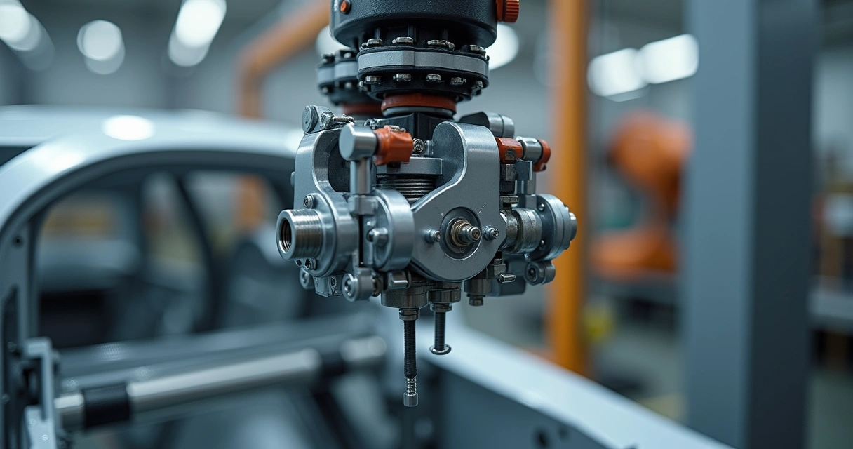 Detalhe de gripper pneumático segurando peça de metal 