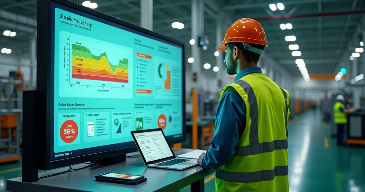 Técnico de segurança analisando matriz de riscos ocupacionais em painel digital na indústria 