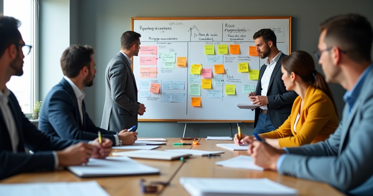 Sala de reunião com gestores discutindo painel de riscos psicossociais e físicos na parede 