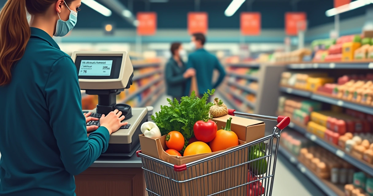 Grocery cart at checkout filled with various foods