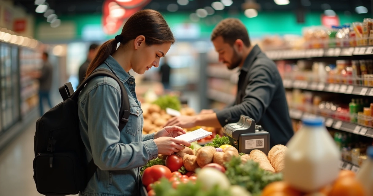 Supermarket checkout with groceries and payment terminal 