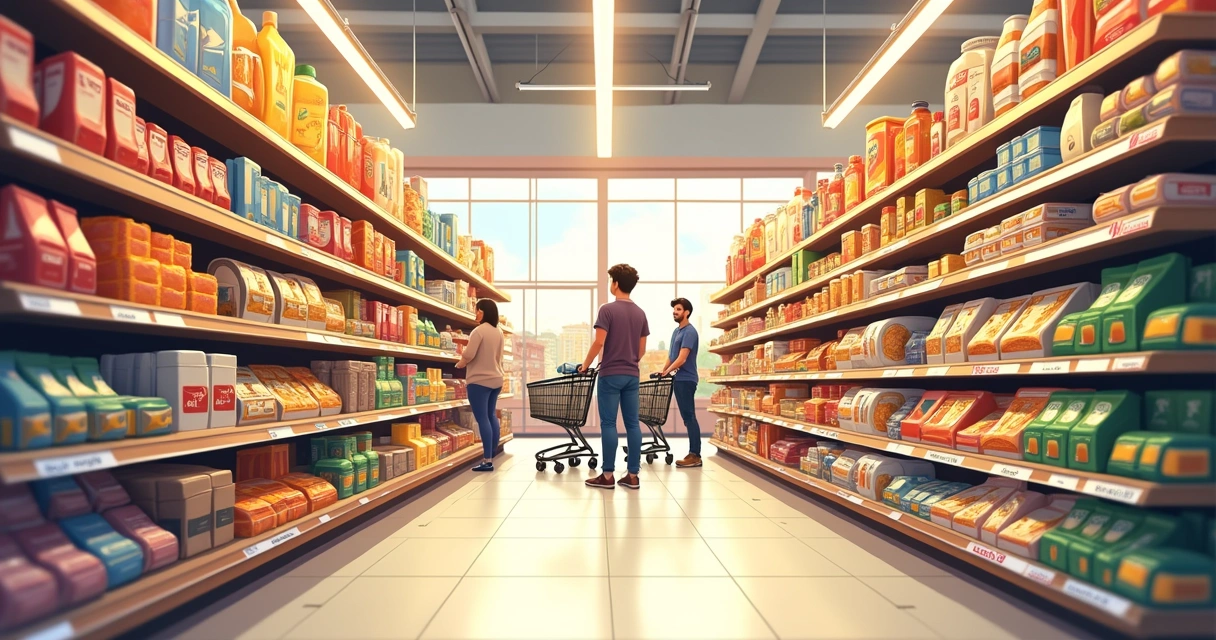 Shelves with product prices in a supermarket