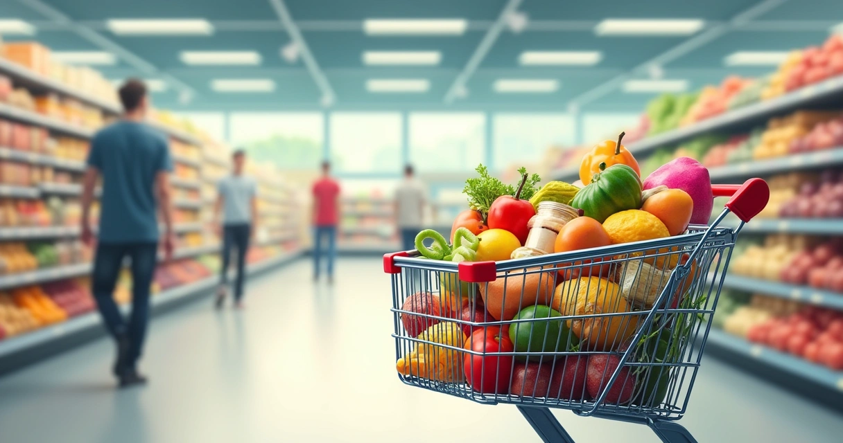Shopping cart filled with mixed groceries in supermarket 