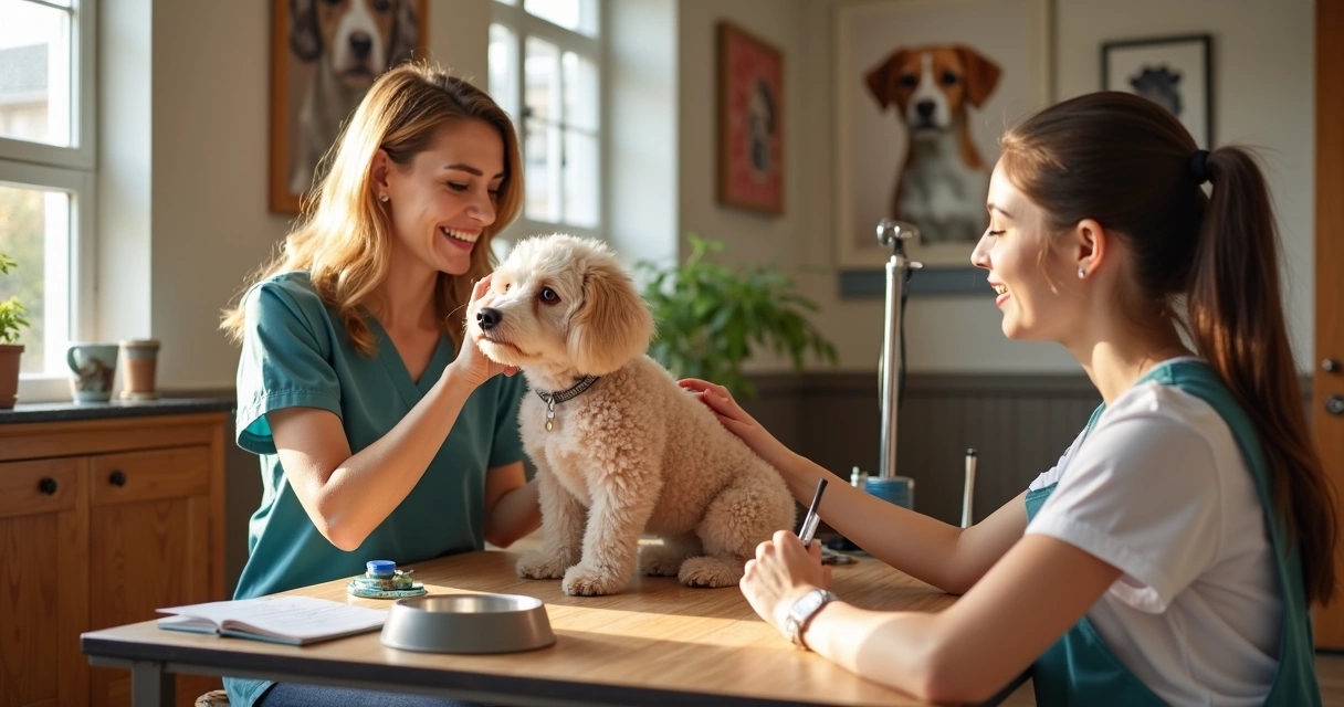 Groomer gently meeting with dog and owner in a light-filled room.
