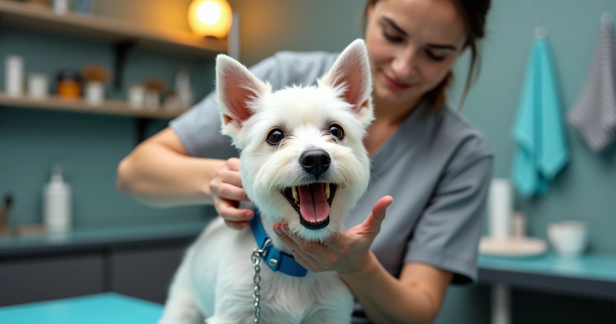 Groomer checking a small dog’s teeth. 