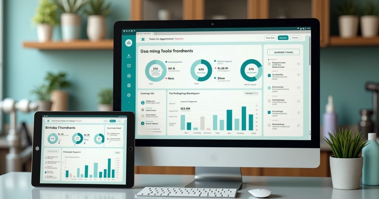 Digital dashboard tracking loyalty rewards and pet grooming appointments
