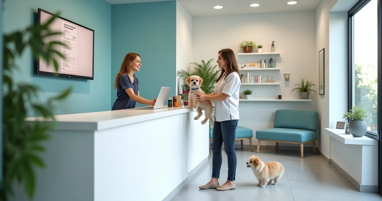 Pet grooming front desk with receptionist and client check-in