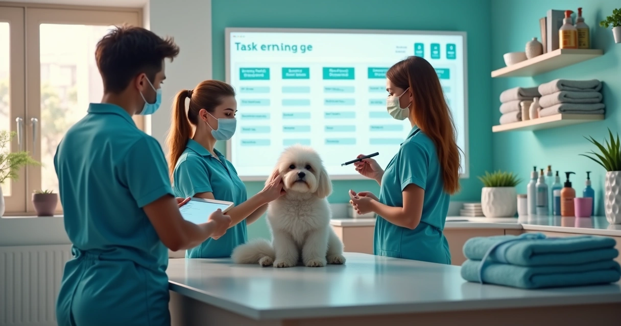 Grooming team reviewing a digital task board in a pet salon