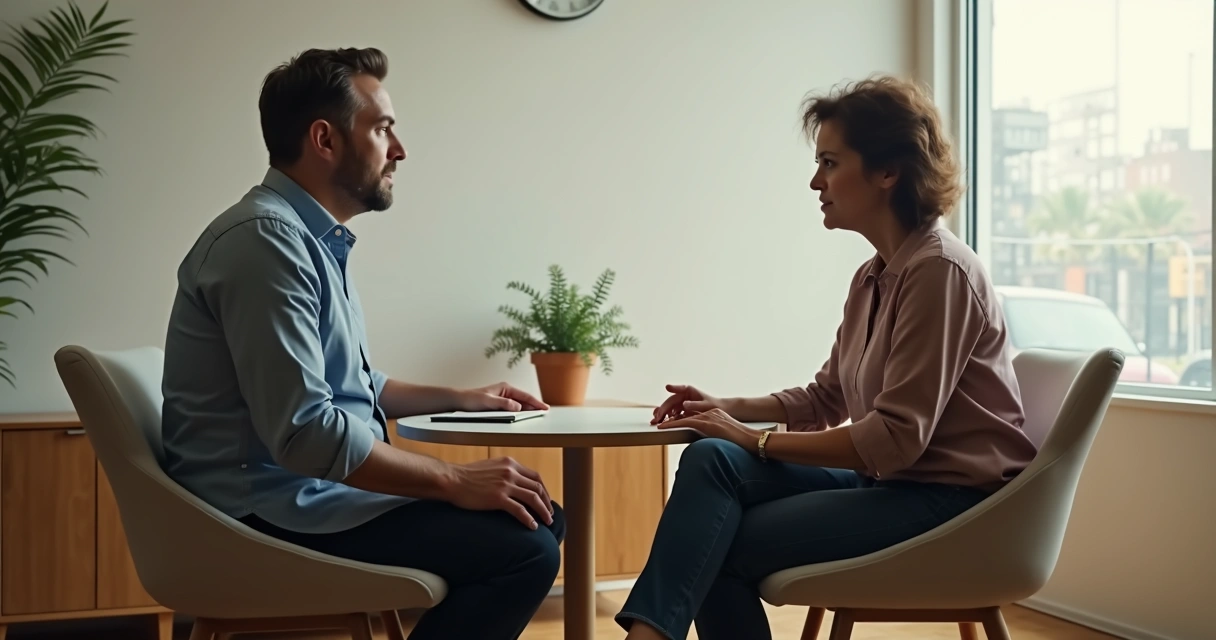Two people seated in calm discussion with grounded posture 