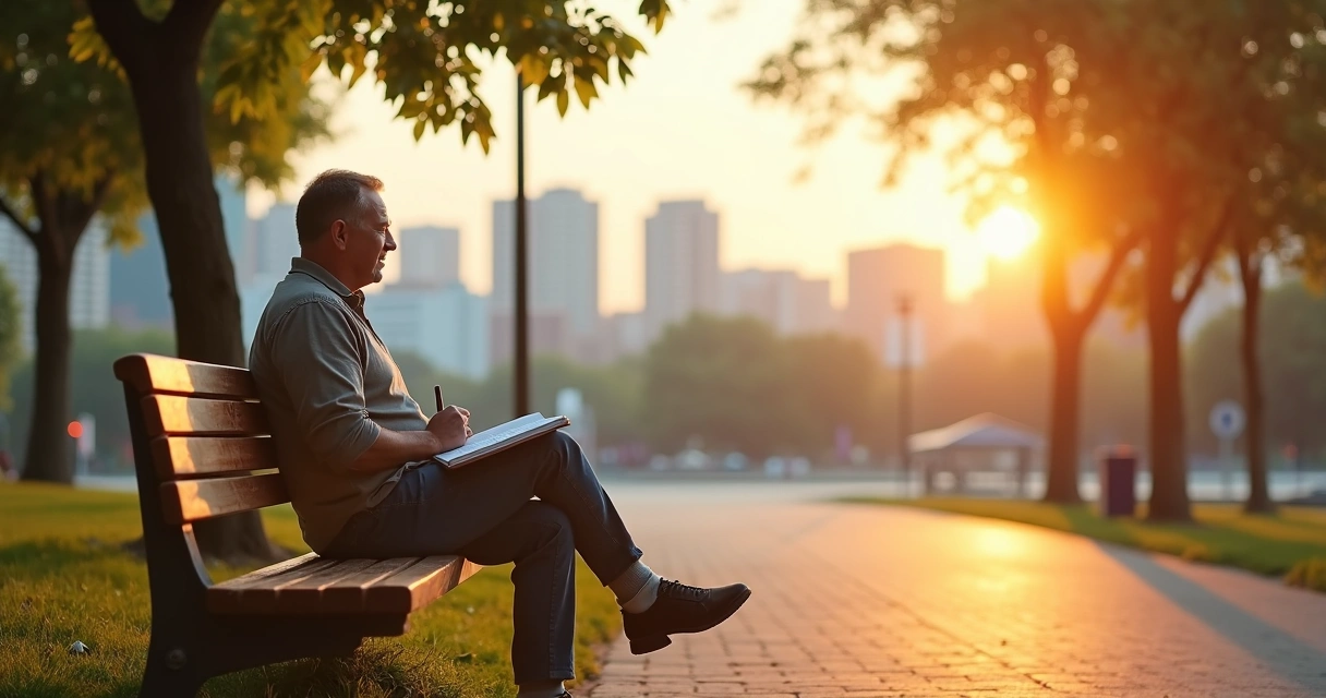Person sitting on a bench grounding emotions with notebook and city in background 