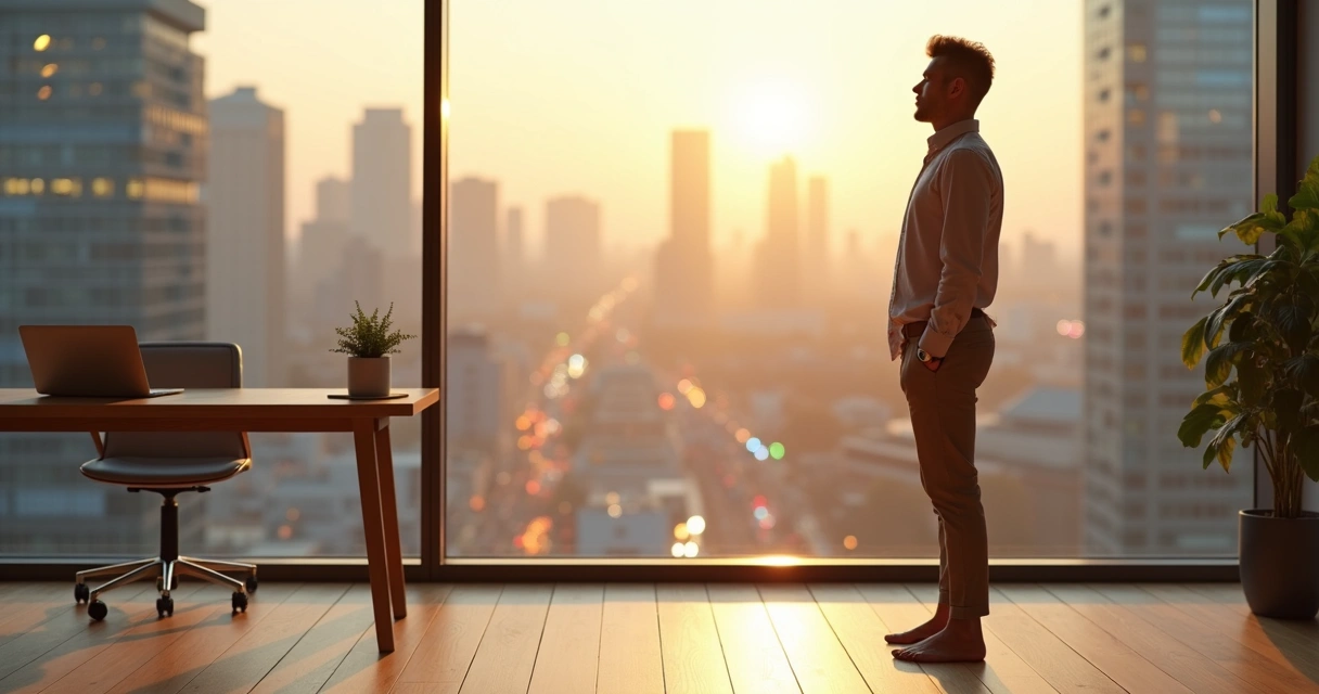 Calm leader practicing grounding in a modern office during change 