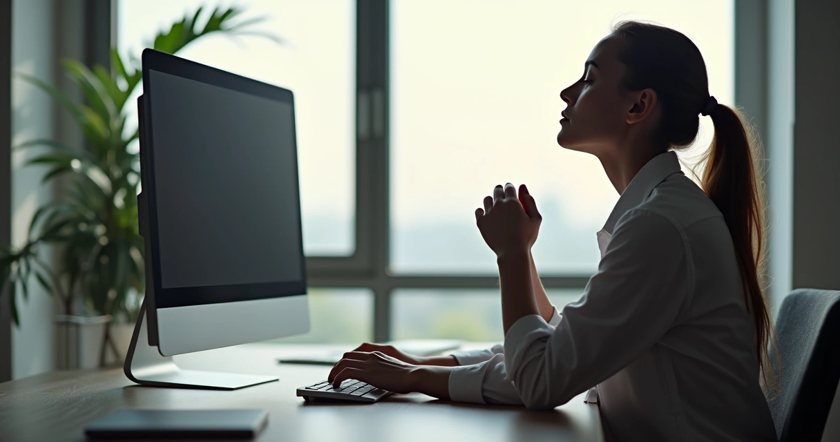 Person relaxing before joining a video meeting, eyes closed and hands on lap 