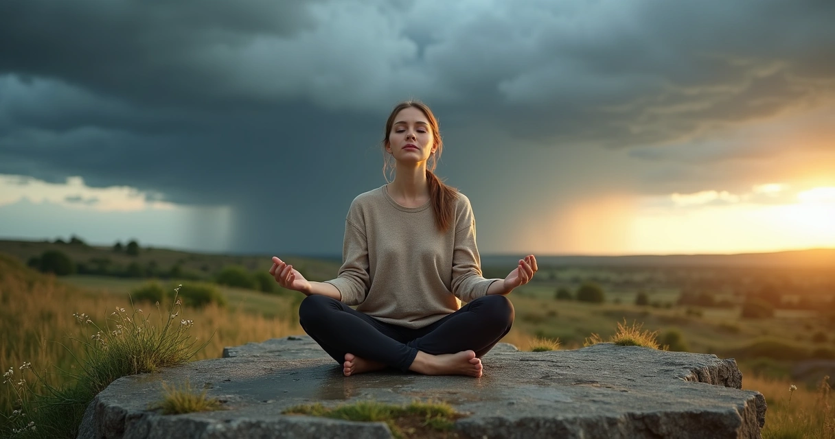 Calm woman grounding herself in nature under a stormy sky 