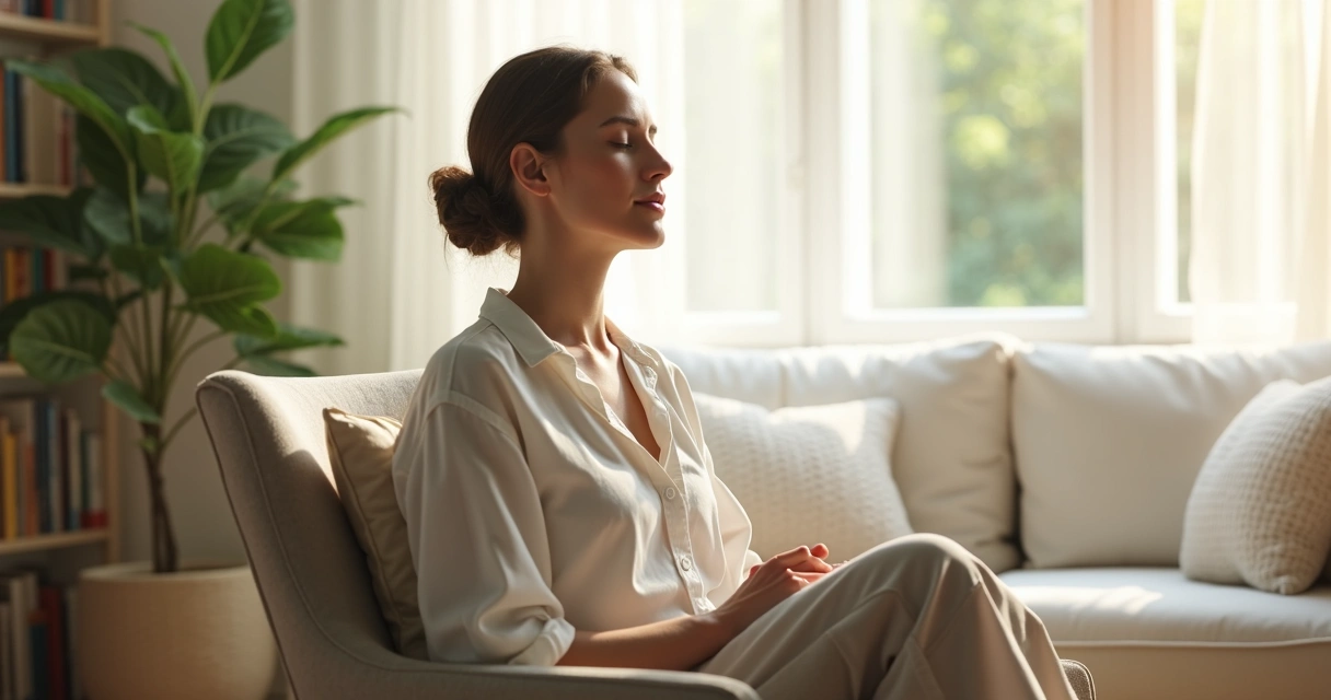 Woman sitting on a chair practicing slow breathing