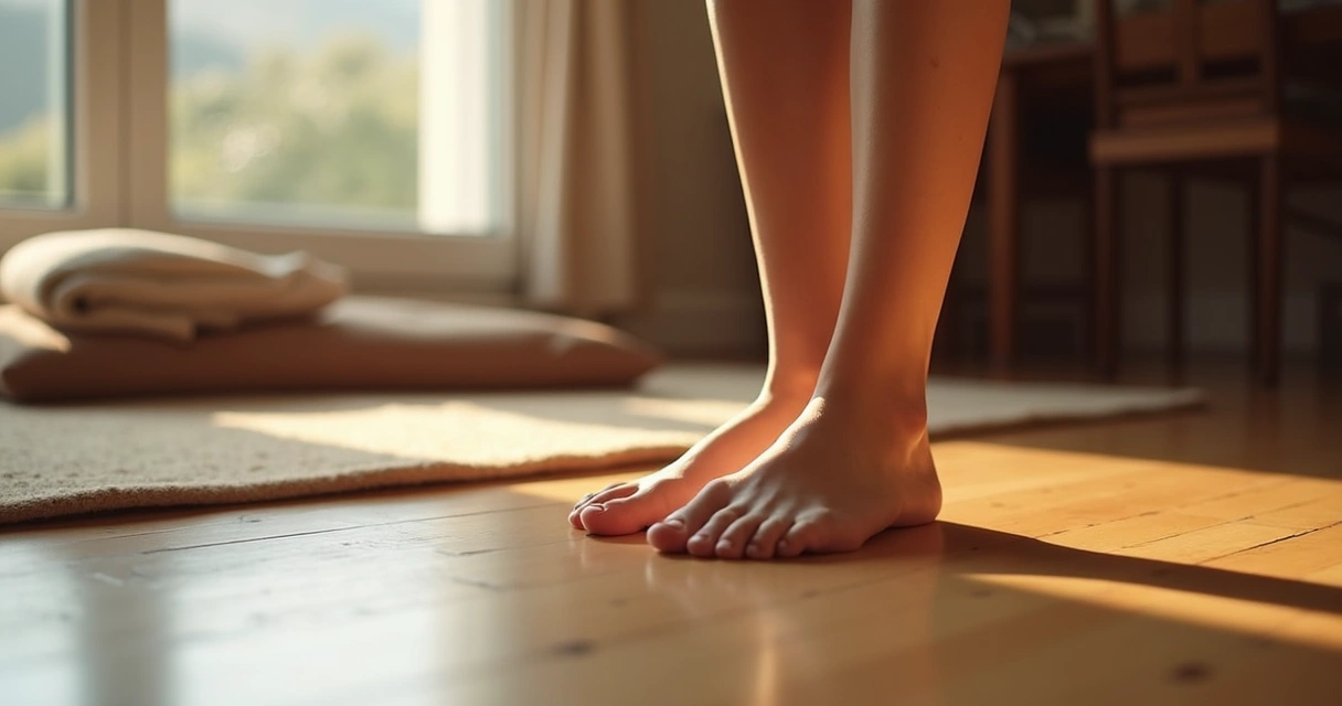 Bare feet grounded on a wooden floor during a pause 